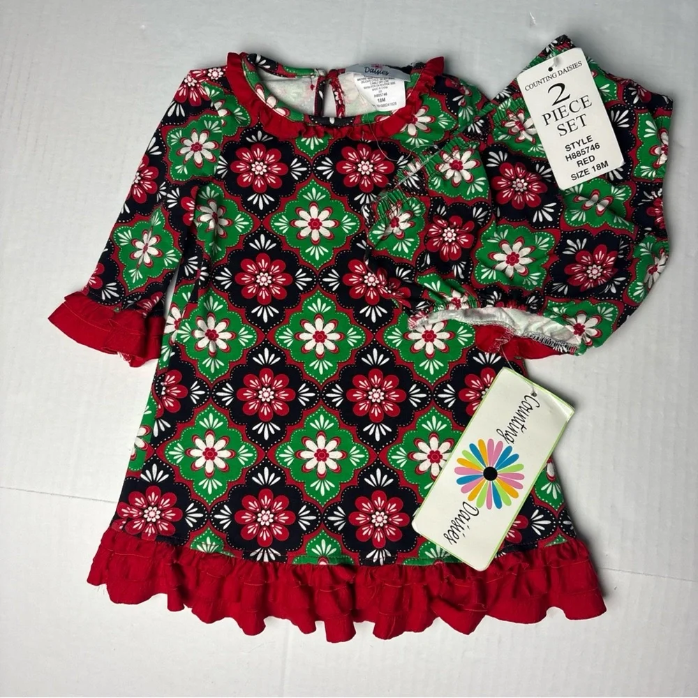 Counting Daisies Baby Girl 18 Months Outfit Dress Bloomer Red Green Black New